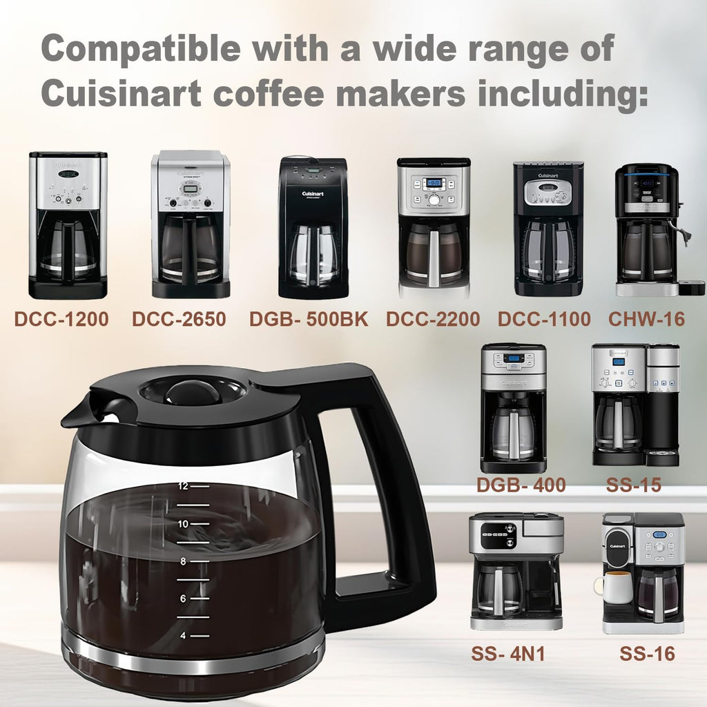 12-Cup Glass Carafe Replacement for Cuisinart Coffee Maker Models DCC-1200, DCC-1100BK, DCC-2650, CHW-12, CHW-12P1