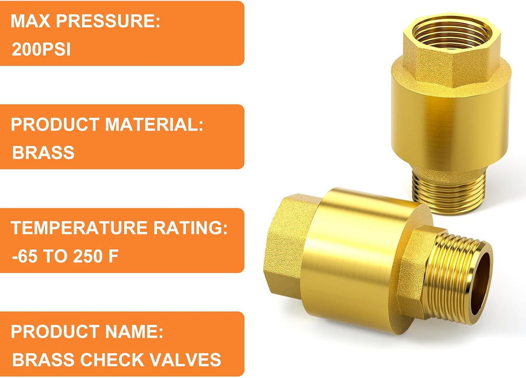 GASHER 2PCS Brass Check Valve DN15 1/2" Female and Male Thread, Backflow Prevention, One Way Check Valves