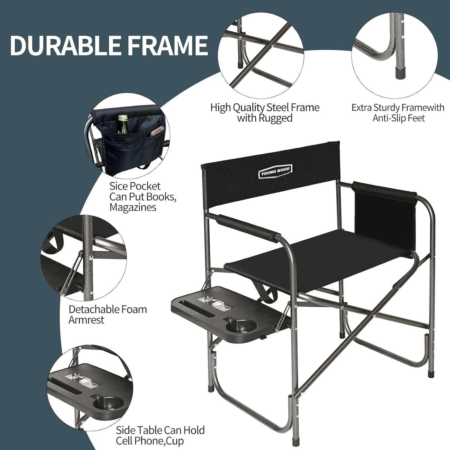 Camping Directors Chair, Lightweight Oversized Portable Folding Chair with Side Table and Storage Pockets for Outdoor