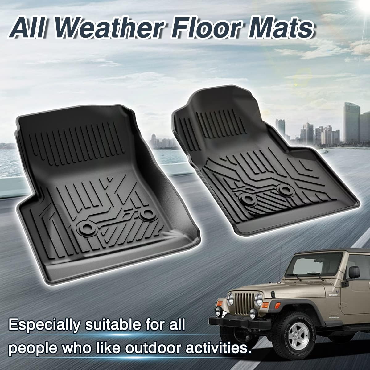 Floor Mats for Jeep Wrangler TJ 1997-2006, TPE All Weather Floor Liners Front Row 2PCS, Waterproof Rubber Car Mats for Wrangler TJ Accessories, Black