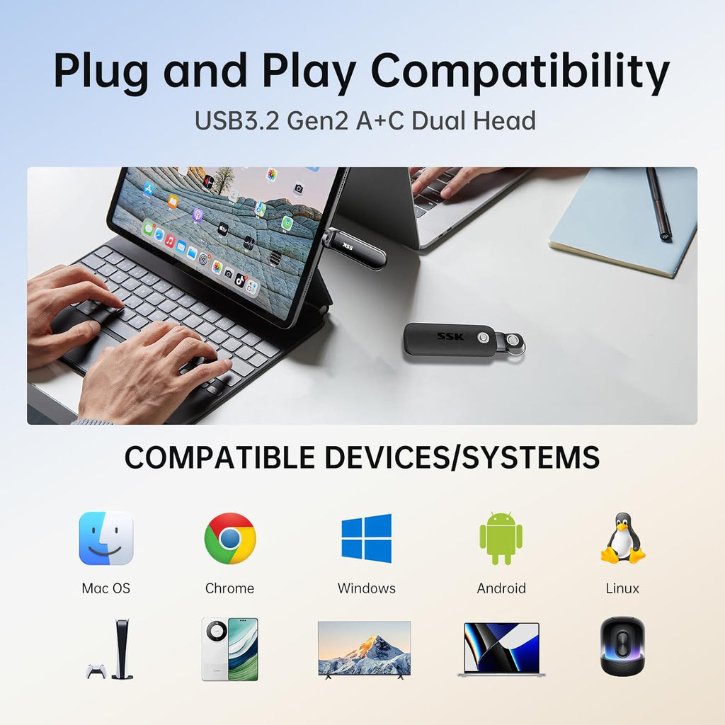 1TB USB Flash Drive SSD, External TLC NAND Solid State Drive Dual USBC & USBA Ports, Up to 1000MB/s High-Speed