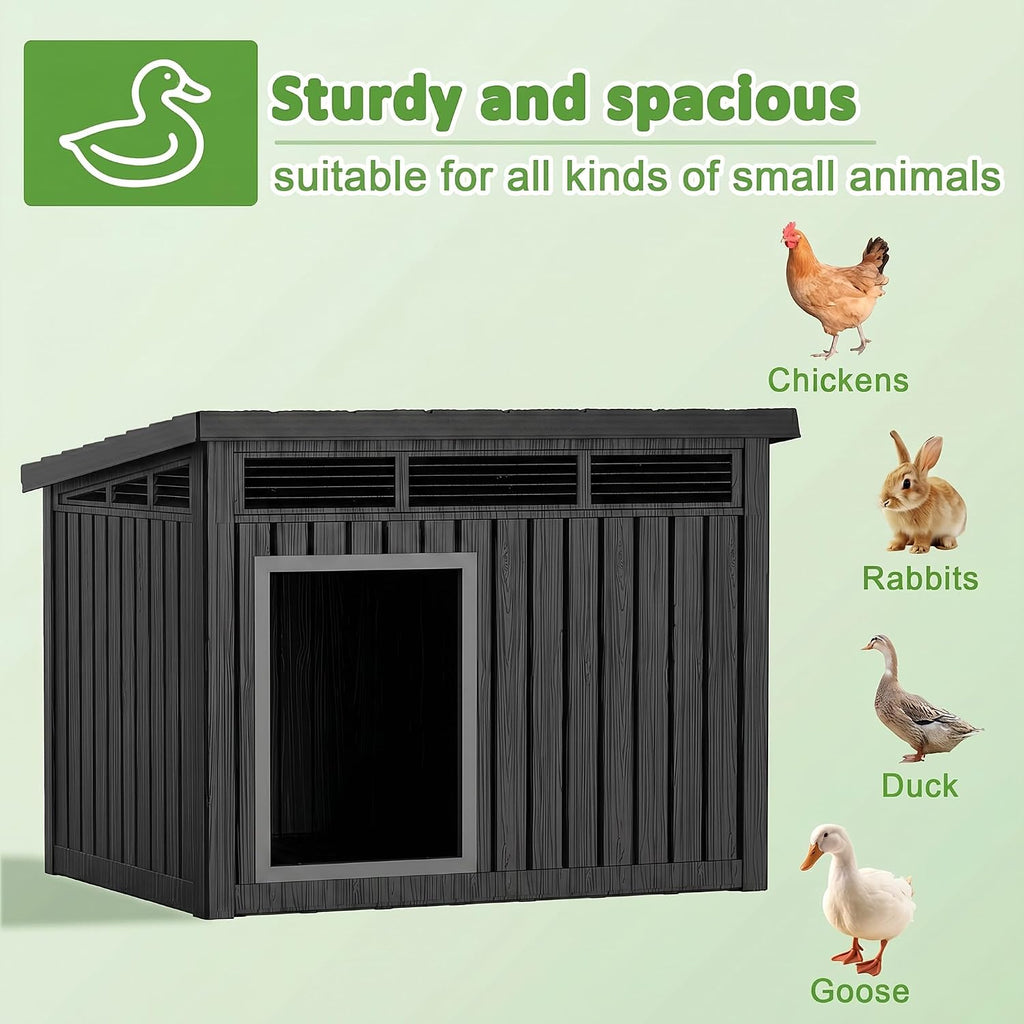 Chicken Coop, Resin PP Material Outdoor Duck House, Wood Grain Finish Sloped Roof Poultry Shelter, Gas Strut Top