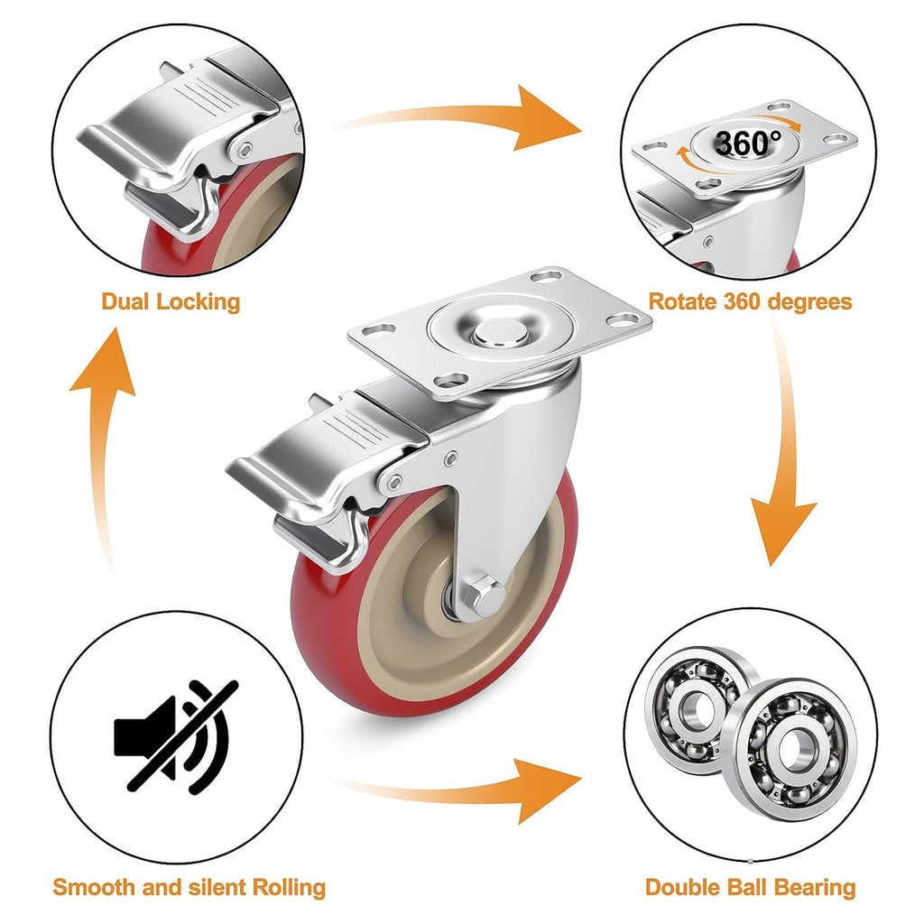 5 Inch Industrial Heavy Duty Swivel Caster Wheels with Brake,Set of 4 Safety Locking Casters,Load 2400lbs,Premium