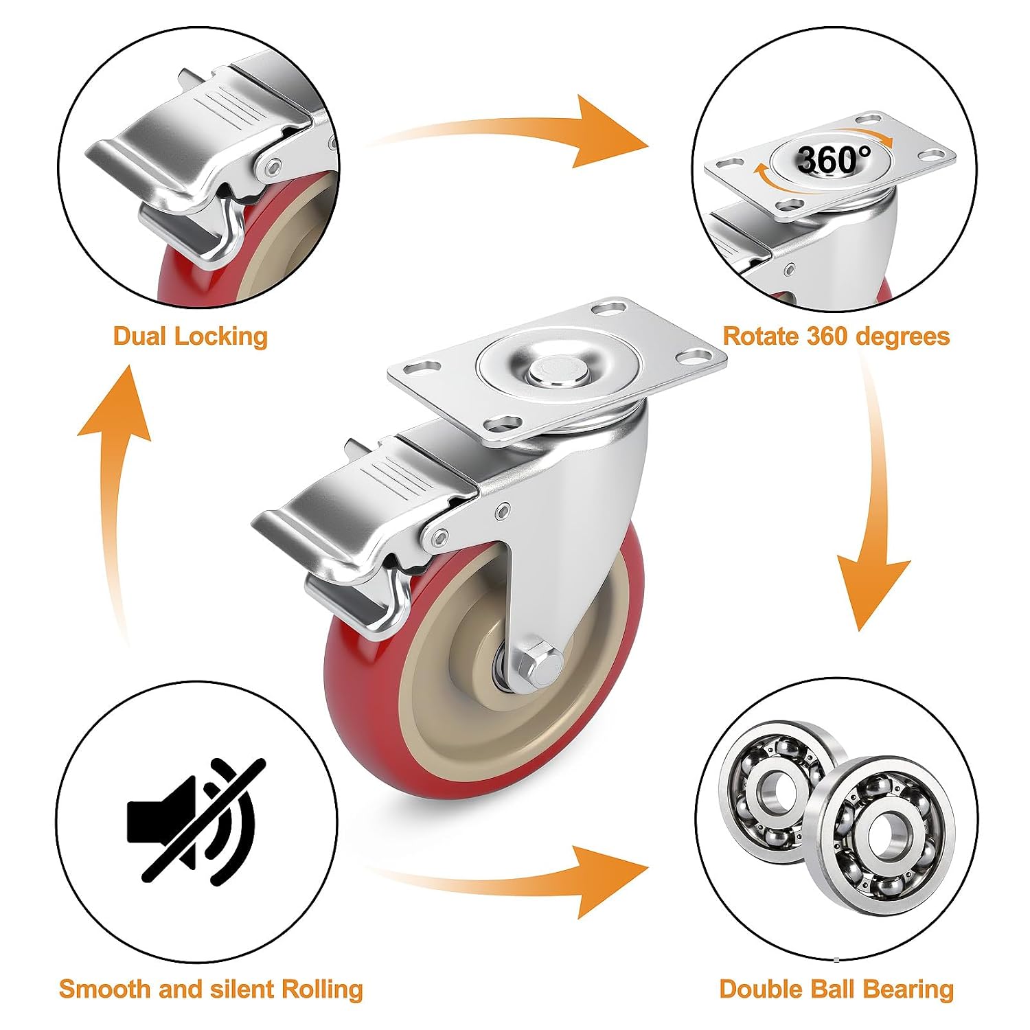 5 Inch Industrial Heavy Duty Swivel Caster Wheels with Brake,Set of 4 Safety Locking Casters,Load 2400lbs,Premium