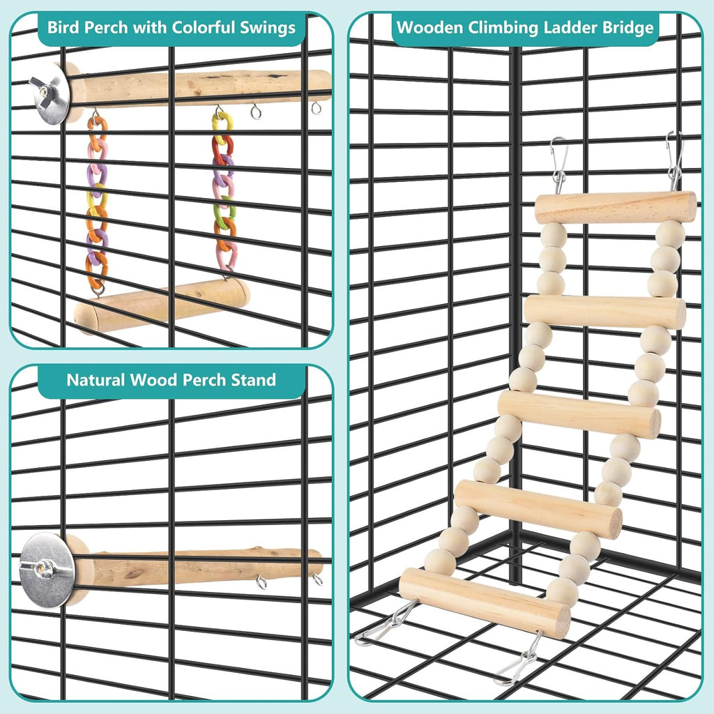 Bird Perches Ladder with Swing, Natural Wood Parrot Climbing Bridge Perch Toys, Exercise Play Stand Parakeet Cage