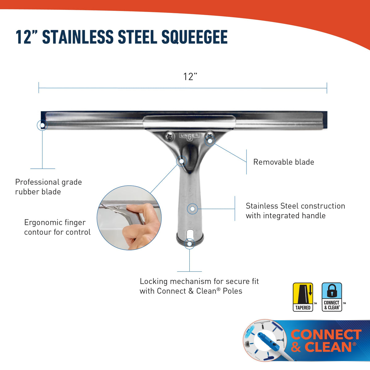Professional Stainless Steel Heavy-Duty Squeegee, 12", Silver