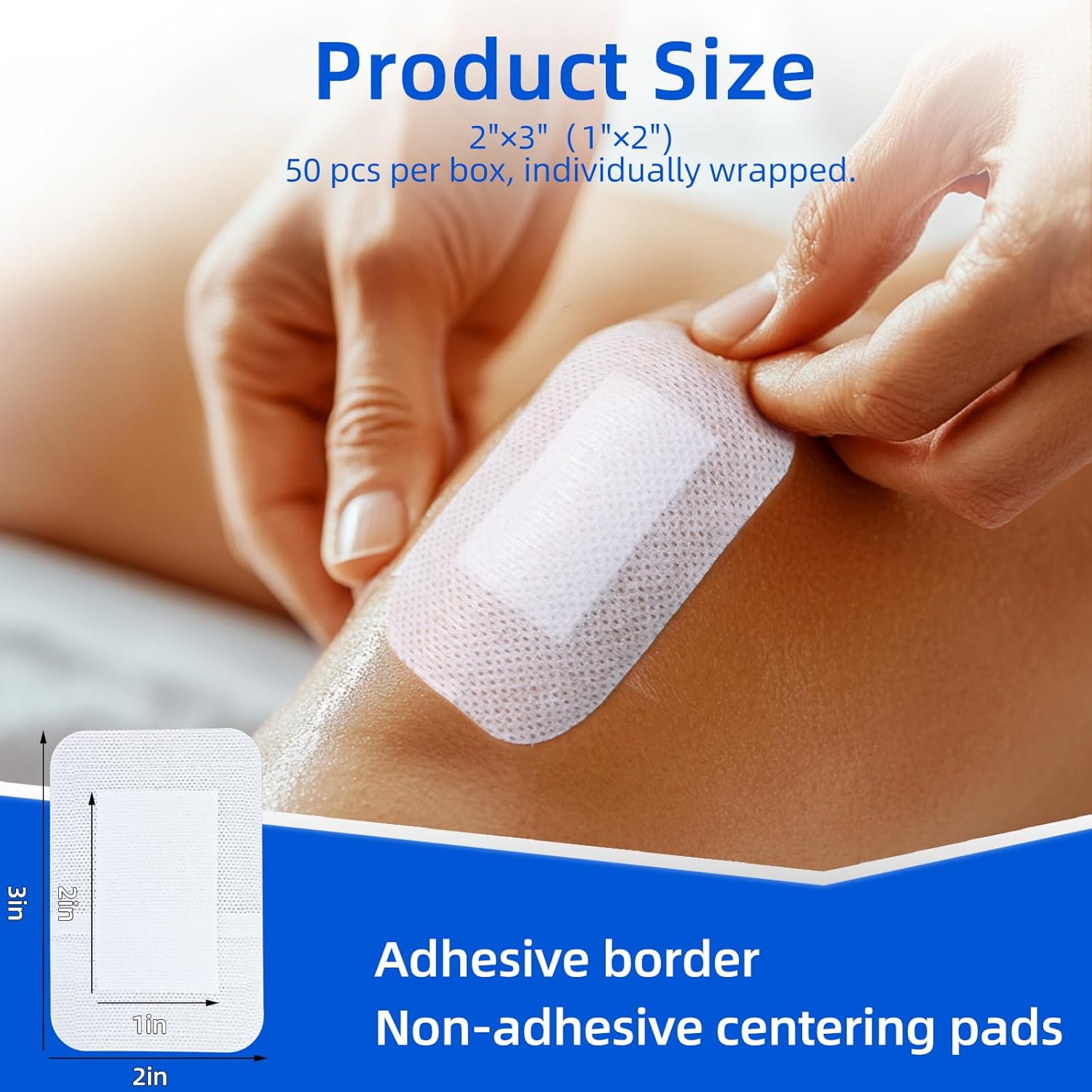 50Pcs Adhesive Gauze Bandages 2"x3", Water-Resistant Wound Island Dressing, Sterile & Absorbent Medical Grade