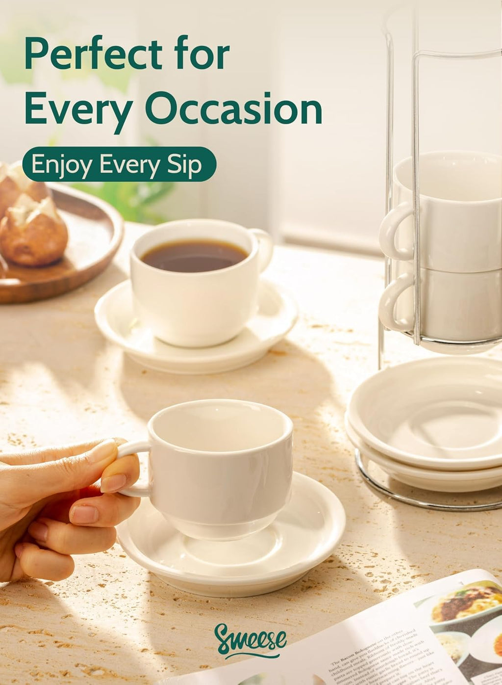 Porcelain Espresso Cups Set, 4 oz Stackable Cups with Saucers Metal Stand, Set of 4, White