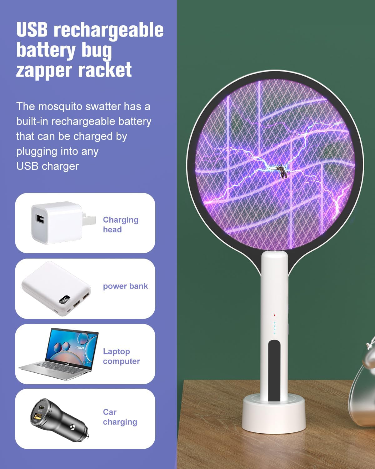 Electric Fly Swatter 4500V Bug Zapper Racket, 2 in 1 Handheld Fly Zapper & Purple Mosquito Killer Rechargeable and