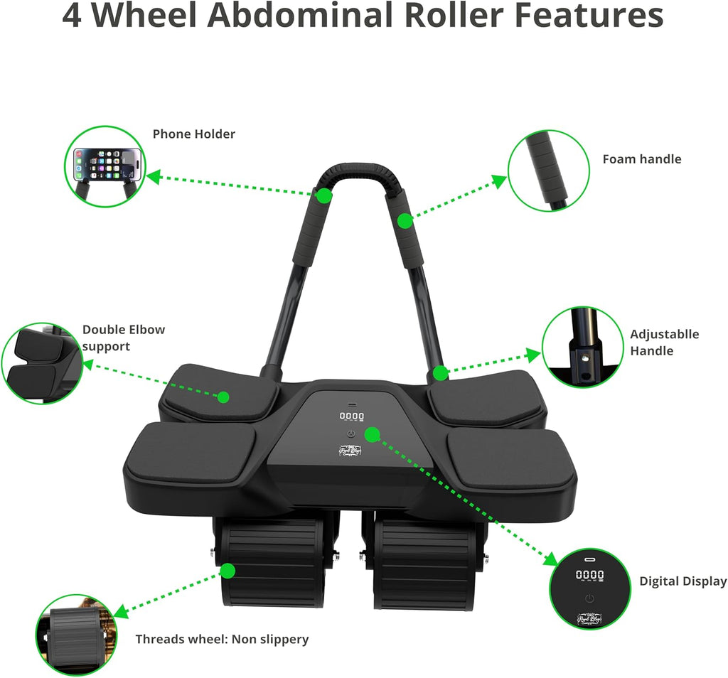 Ab Roller Home Gym Equipment – 4 Wheels Ab Wheel Muscle Roller with Built-in Tracker , 5Pcs Resistance Bands, Ankle