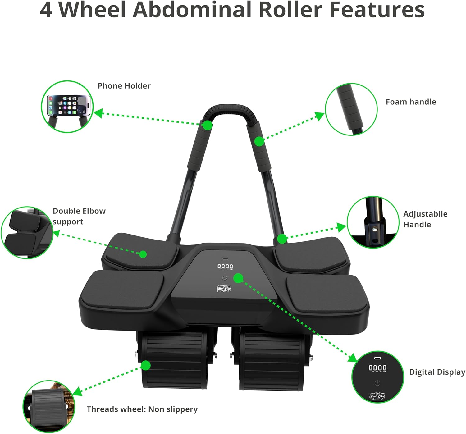 Ab Roller Home Gym Equipment – 4 Wheels Ab Wheel Muscle Roller with Built-in Tracker , 5Pcs Resistance Bands, Ankle