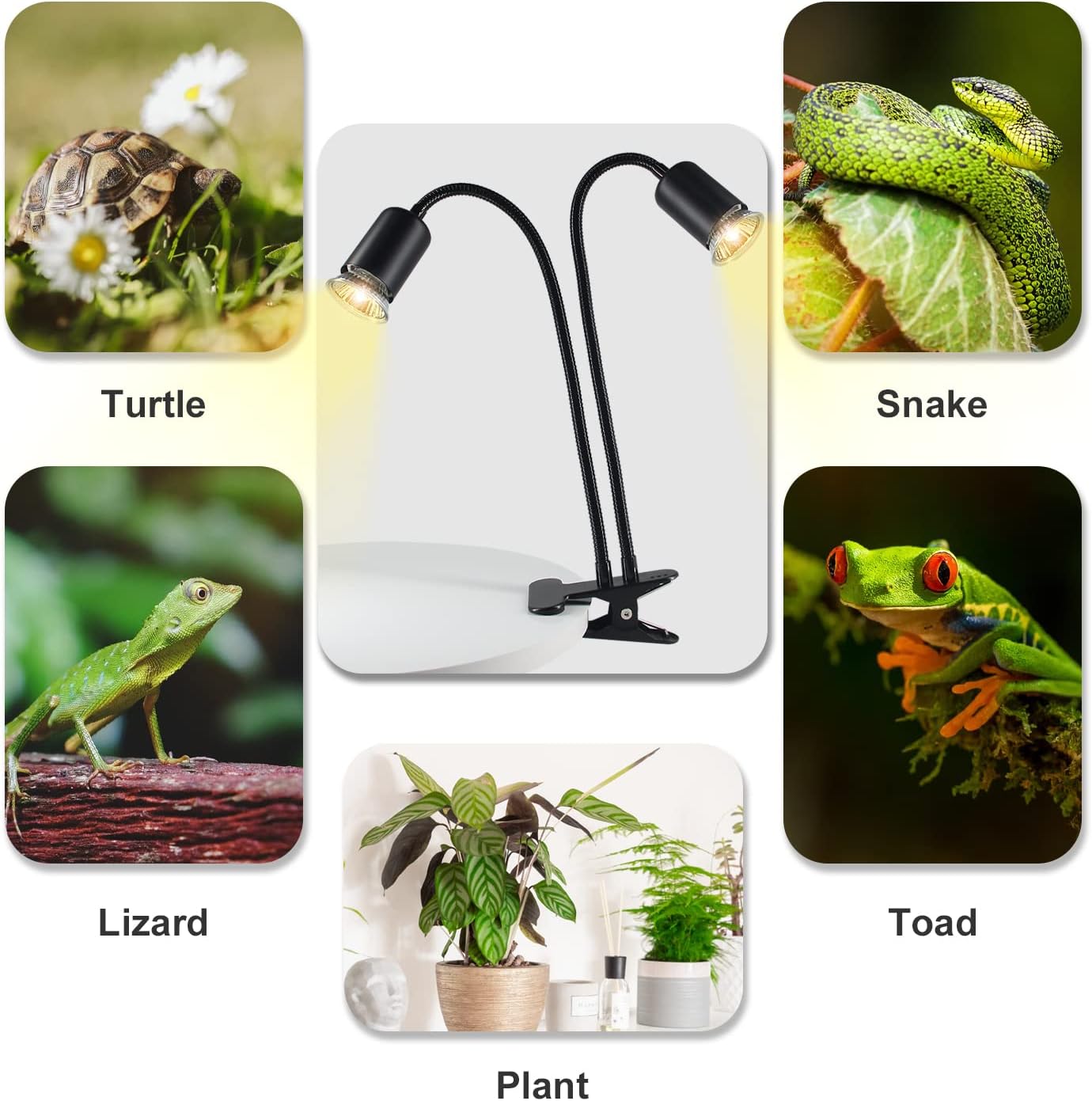 Reptile Heat Lamp, Double-Head Heat Lamp with Clamp, UVA UVB Reptile Light with Intelligent Cycle Timer for Turtle