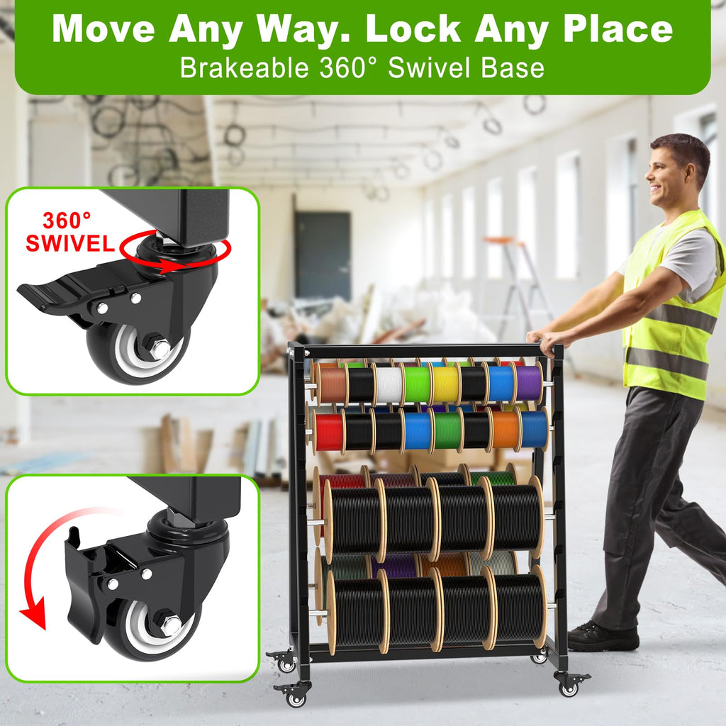 Heavy-Duty 12-Rod Wire Spool Rack, Wire Cart with Locking Wheels