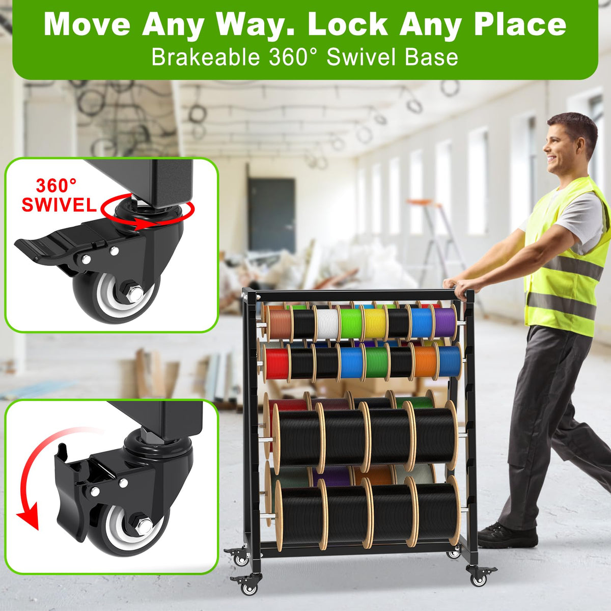 Heavy-Duty 12-Rod Wire Spool Rack, Wire Cart with Locking Wheels