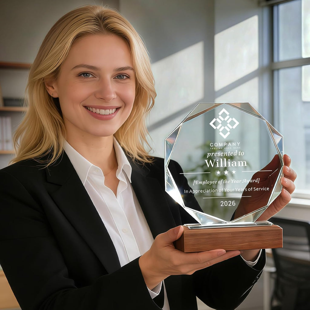 SHIP NEXT DAY, Personalized Crystal Award Trophy - Custom with Company Logo Text & Employee Name, Engraved Award for