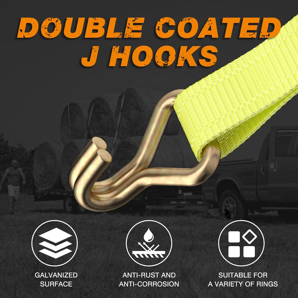 Ratchet Tie Down Straps 4-Pack Heavy Duty 2" x 27' with J Hooks | 10,000lbs Break Strength, Rachet Tie-down Strap for