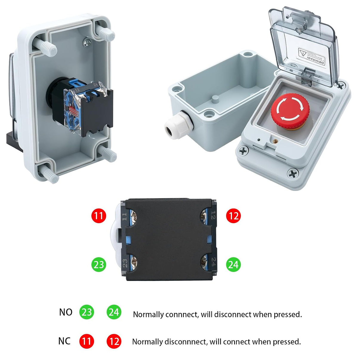 Industrial Emergency Stop Button, Electrical Shut Off Switch with Box, IP67 Waterproof for Construction, Factories or Outdoor Use, 660V 10A