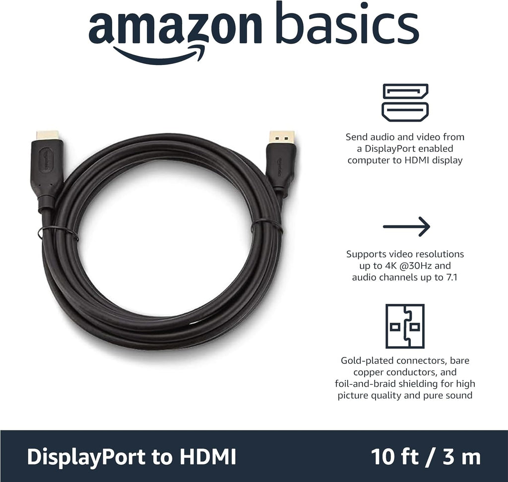 DisplayPort to HDMI Cable, Uni-Directional, 4k@30Hz, 1920x1200, 1080p, Video and Audio, Gold-Plated Connectors, 10