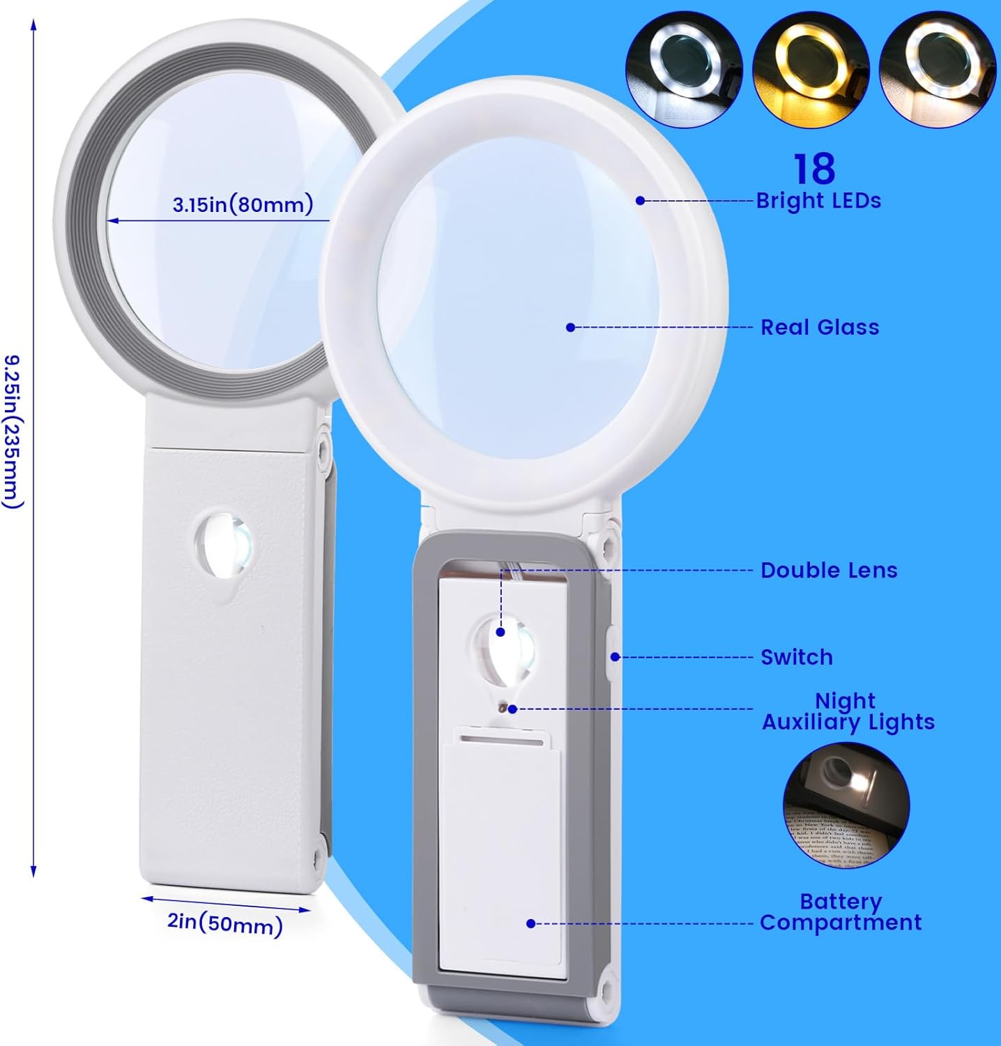 Magnifying Glass with Light and Stand, Foldable Handheld Magnifying Glass 18 LED Illuminated Lighted Magnifier for