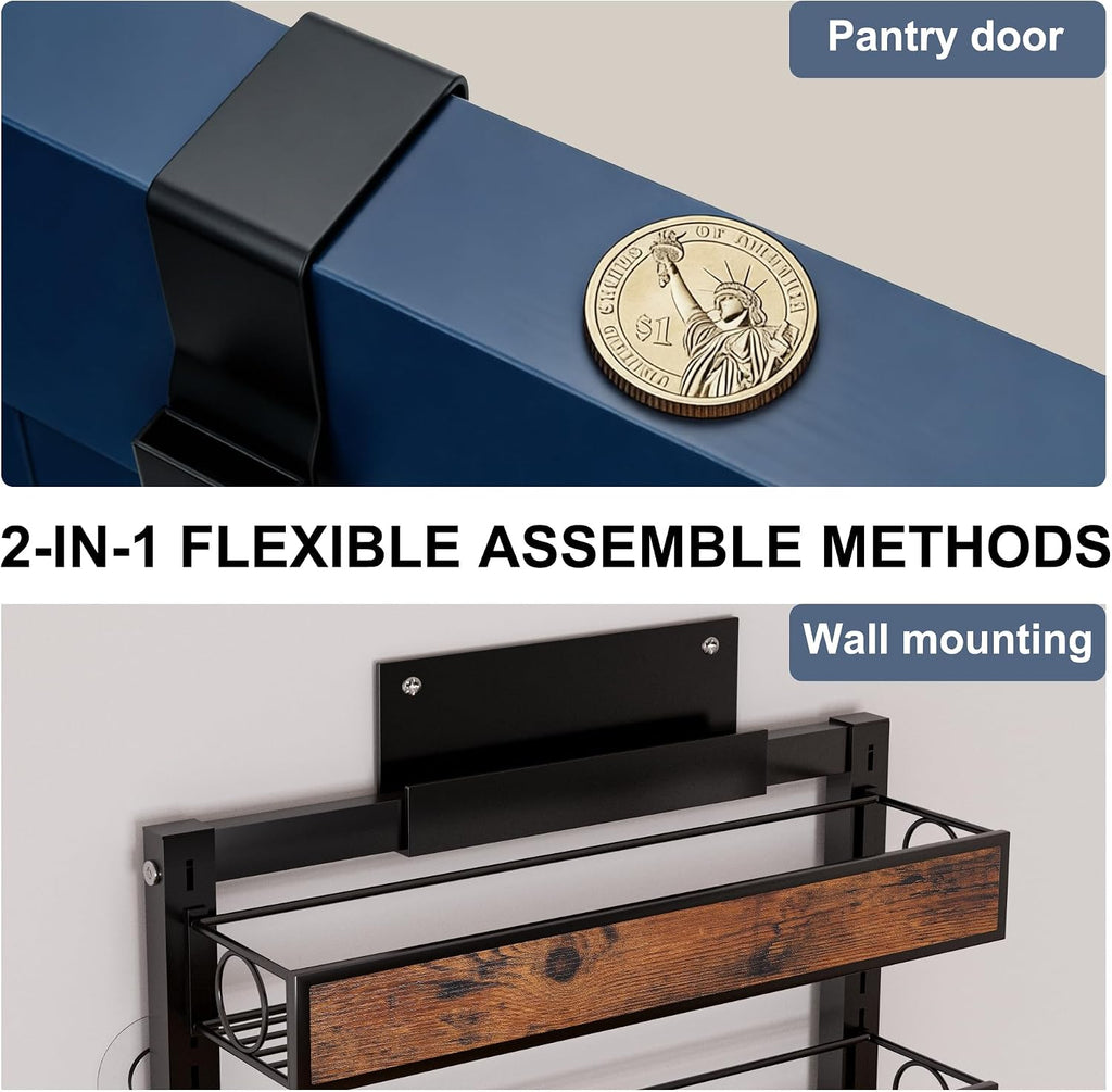 8 Tier Pantry Door Organizer Spice Rack, 2-IN-1 Wall Mount or Hanging Over Door Seasoning Organizer with Adjustable