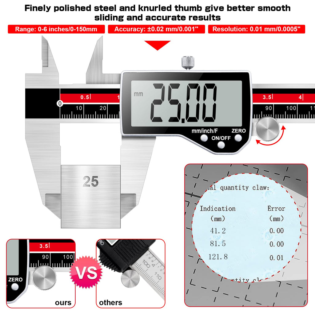 Qfun 6 Inch Digital Vernier Caliper Metal Metric Precision Measuring Tools