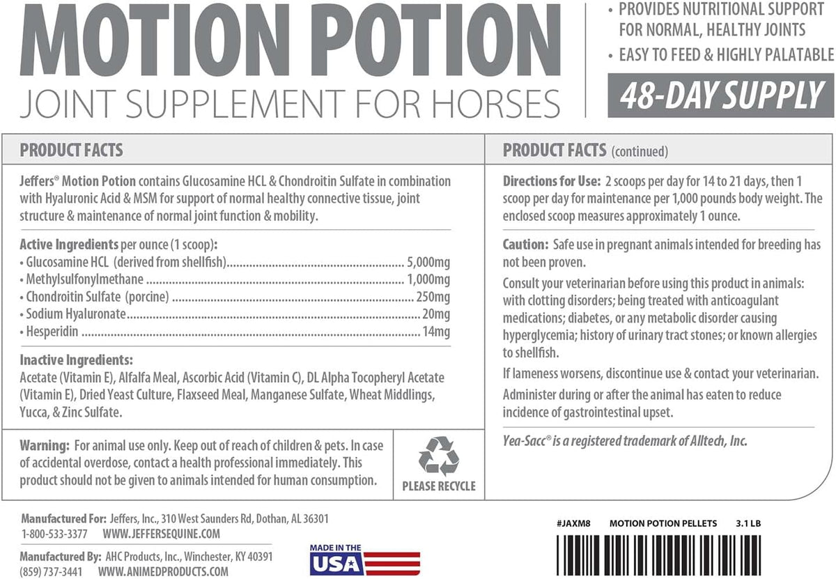 Motion Potion Horse Joint Supplement Pellets – Glucosamine HCL, MSM, Chondroitin, Hyaluronic Acid, Vitamin C & E