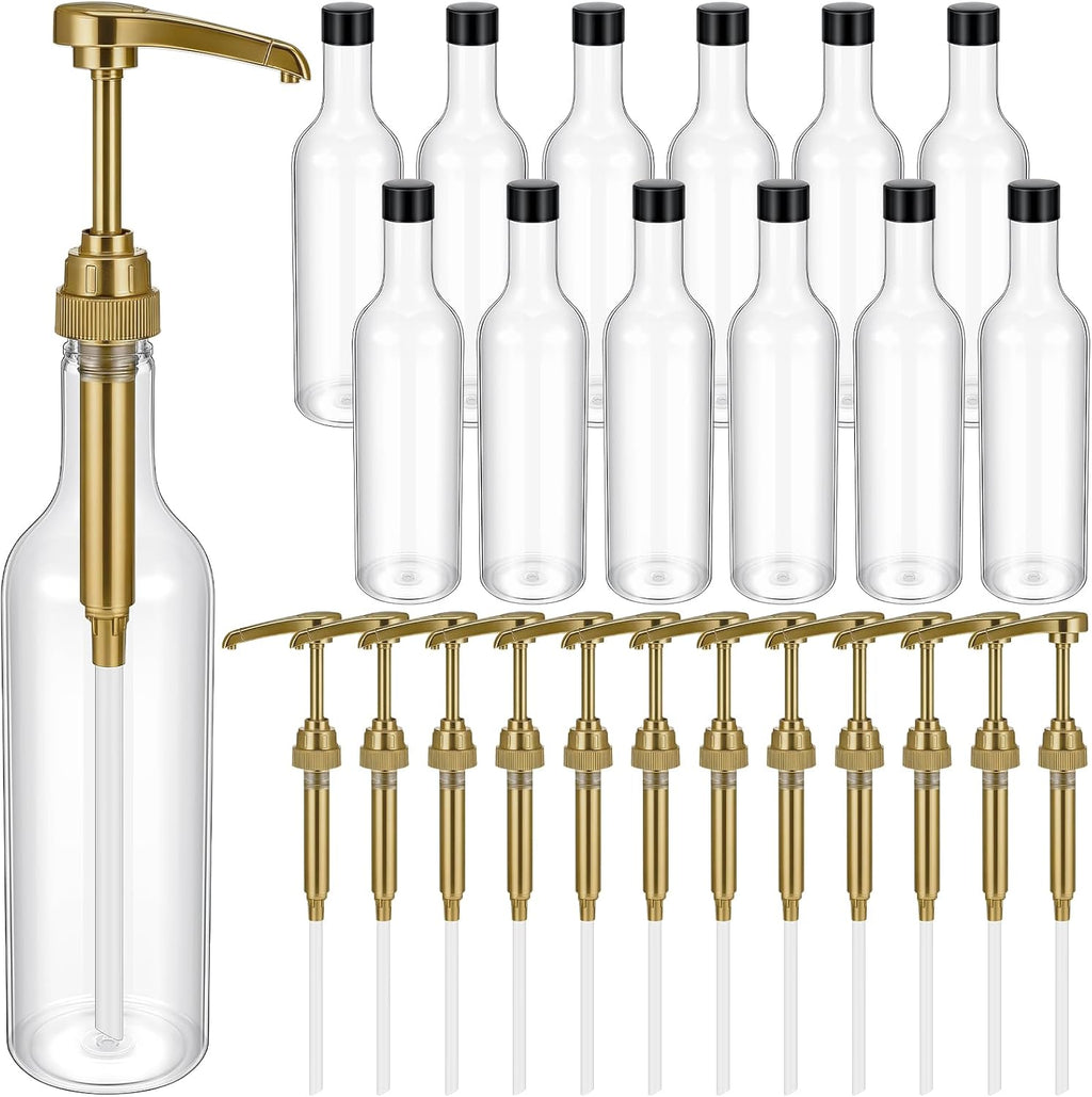 12 Pcs 25 oz Plastic Syrup Bottles with Pump Syrup Dispenser, Gold