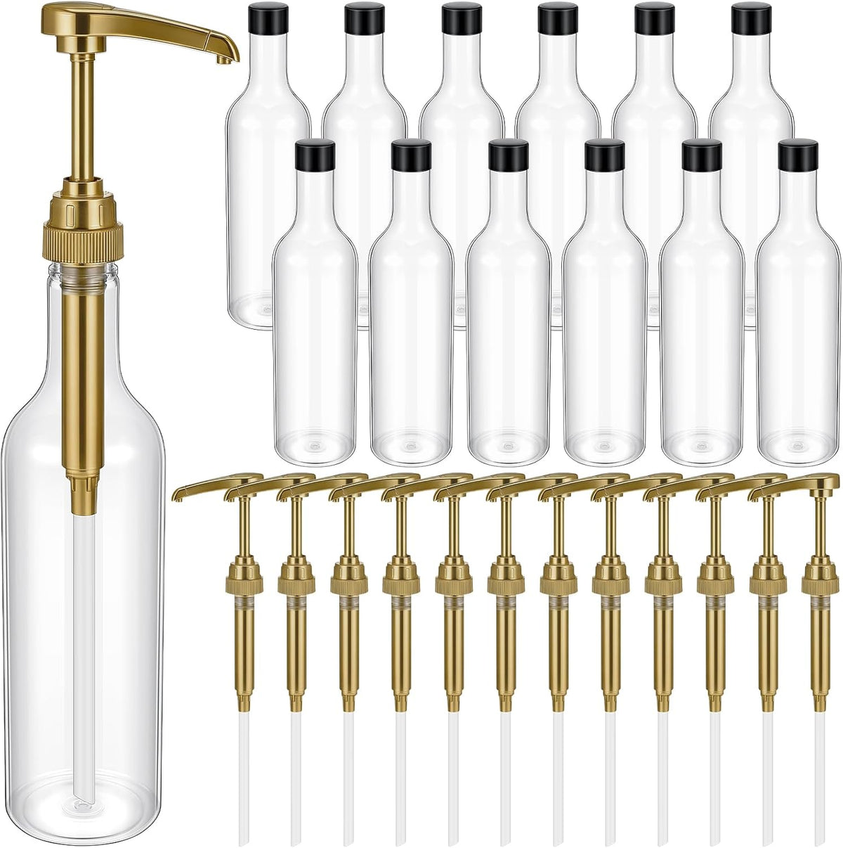 12 Pcs 25 oz Plastic Syrup Bottles with Pump Syrup Dispenser, Gold