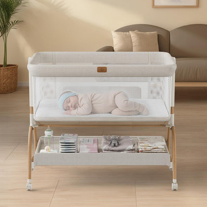 Baby Bassinet Bedside Crib, 3-in-1 Baby Bassinet Bedside Sleeper with Mattress and Soft, Breathable Sheet, Full-Mesh