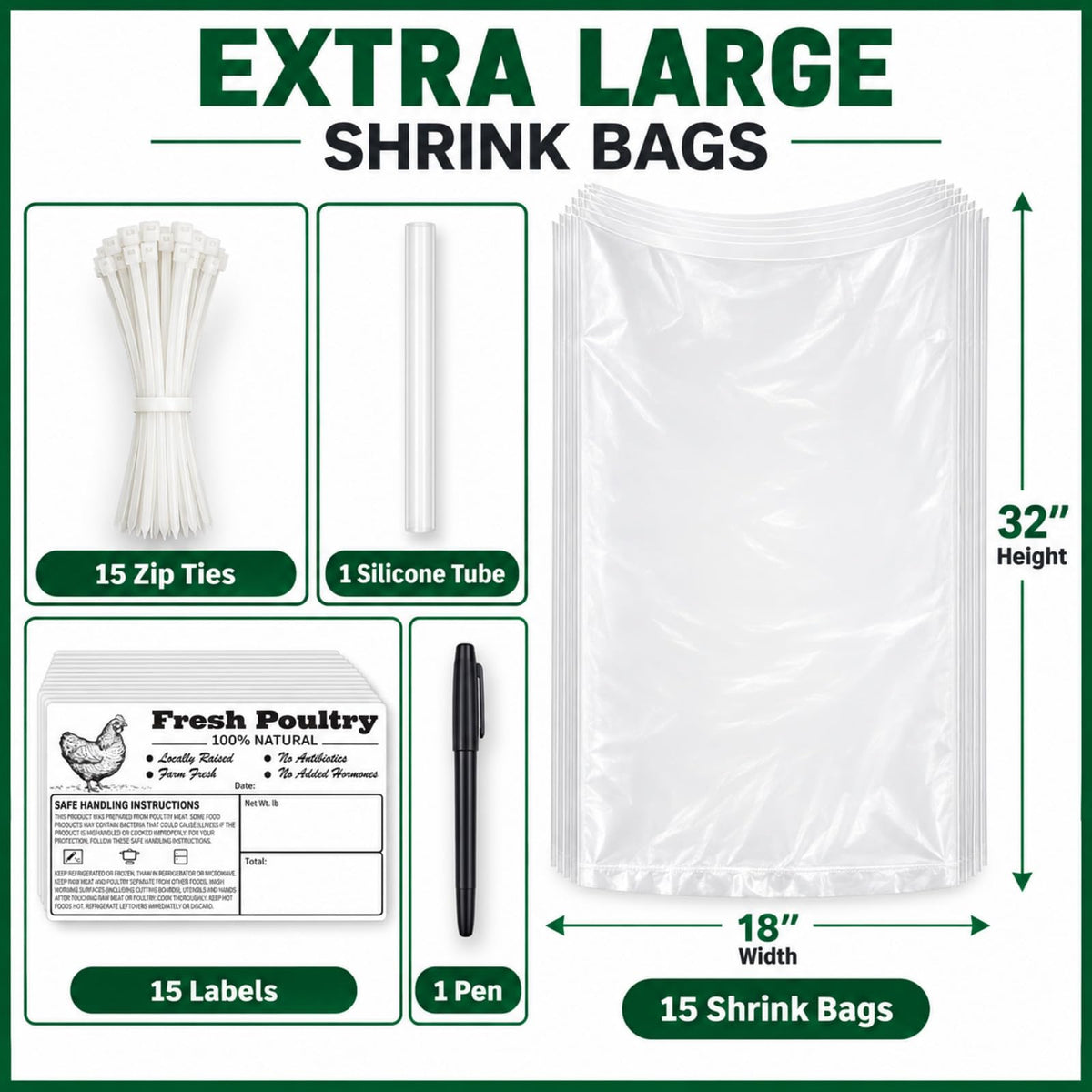 18"x32" Extra Large Turkey Shrink Bag for Freezer, 4.3 Mil, 15pcs