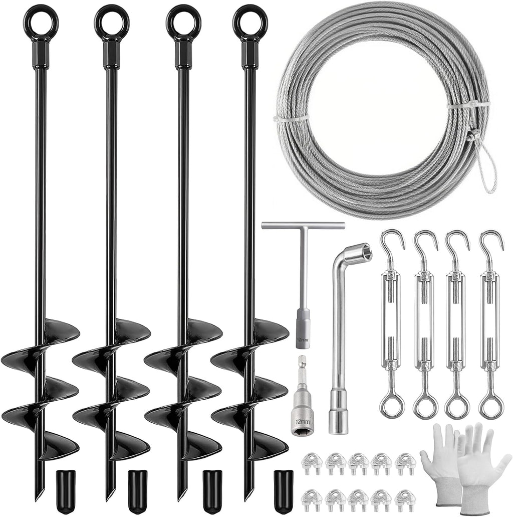 4 Pack 18" Ground Anchors Shed Anchor Kit with 50ft Galvanized Cable & 4 Pack Turnbuckles, Heavy Duty Ground Anchor