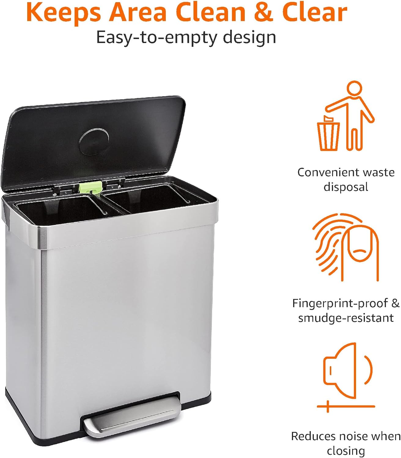Dual Compartment Recycling Trash Can with Soft-Close Lid, Fingerprint Resistant, Removable Liner Buckets, 60 Liters