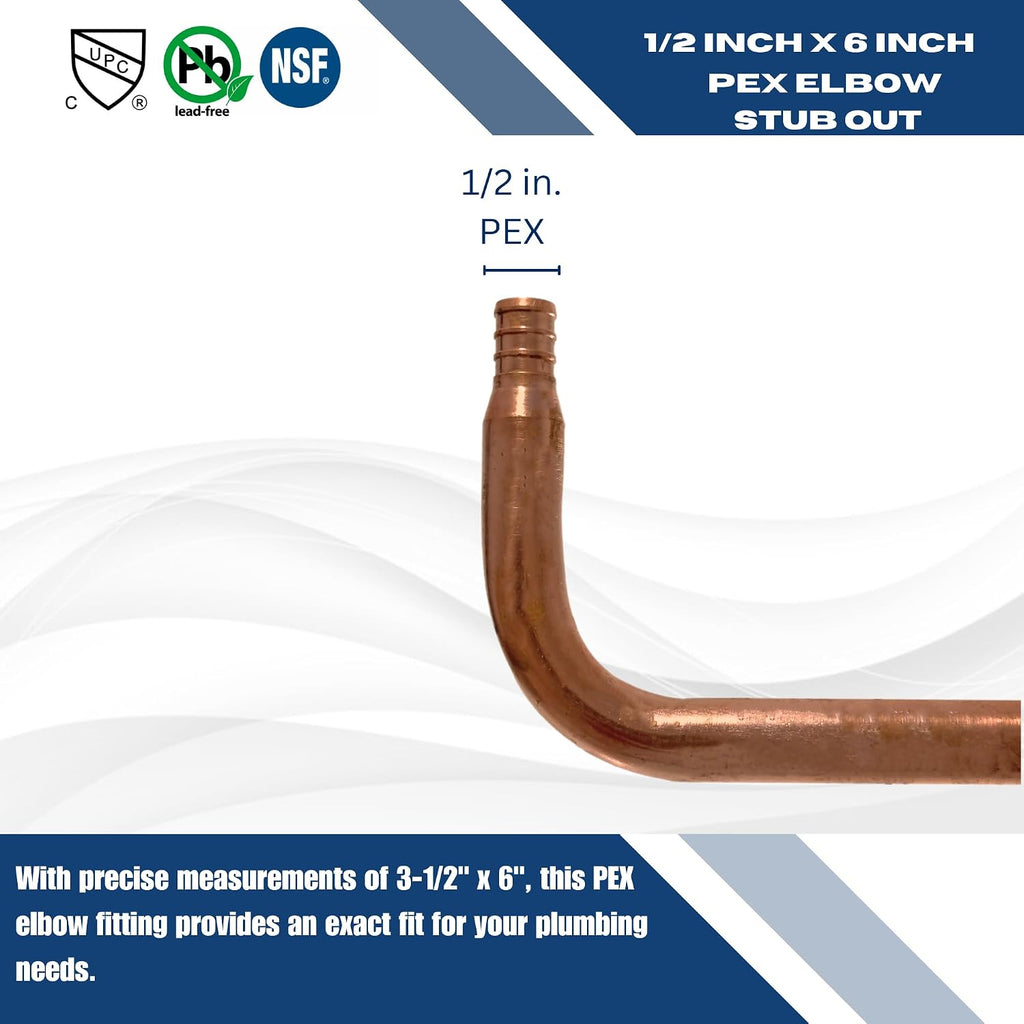 10 Pack 1/2'' Pex Stub Out Elbow 3-1/2'' x 6'', Brass, Copper, 0.5 Inch