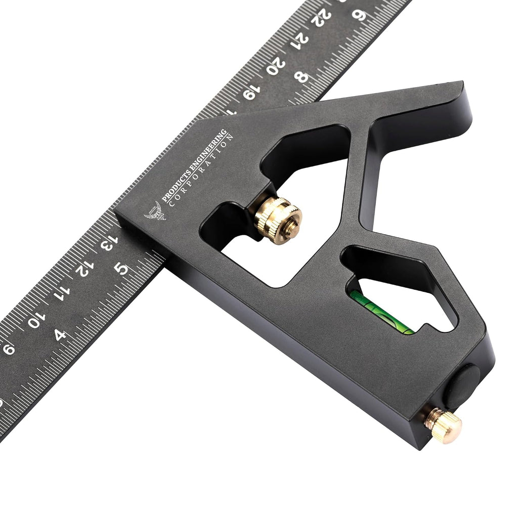 2-Piece 12" Aluminum Combination Square Set - with Bubble Level and Draw Pin, Laser-Etched Markings for Accurate