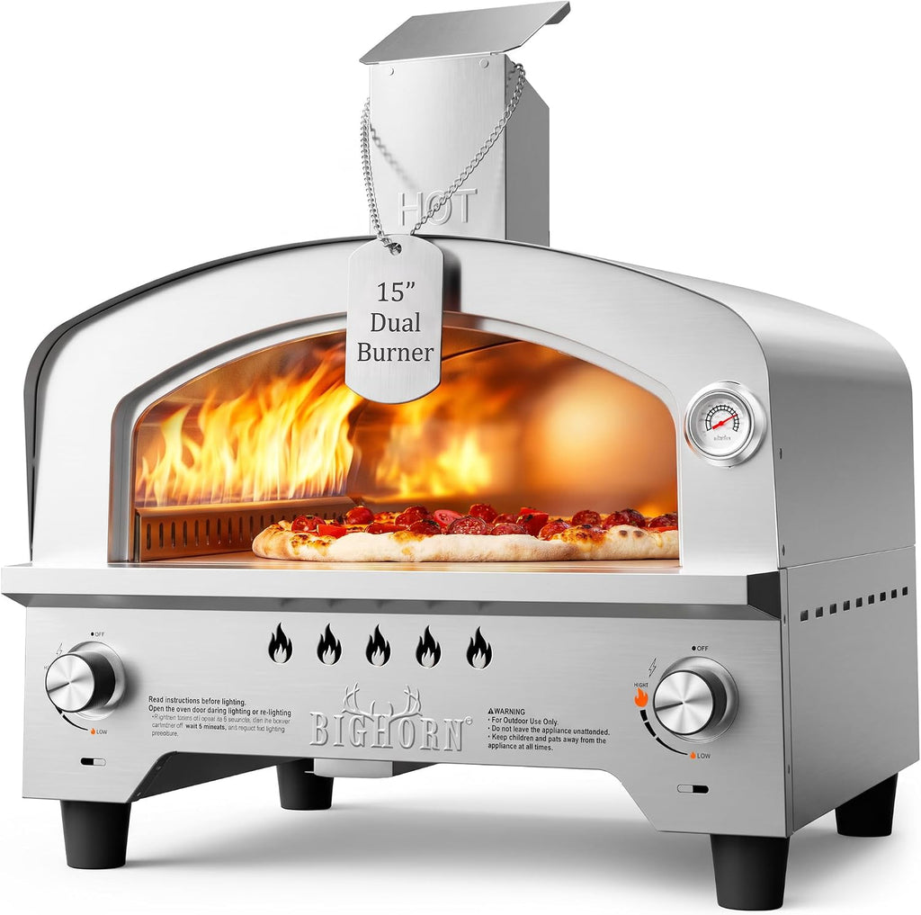 Gas Pizza Oven, Portable Propane Pizza Oven with 15 inch Pizza Stone, Stainless Steel Pizza Maker for Outdoor Cooking