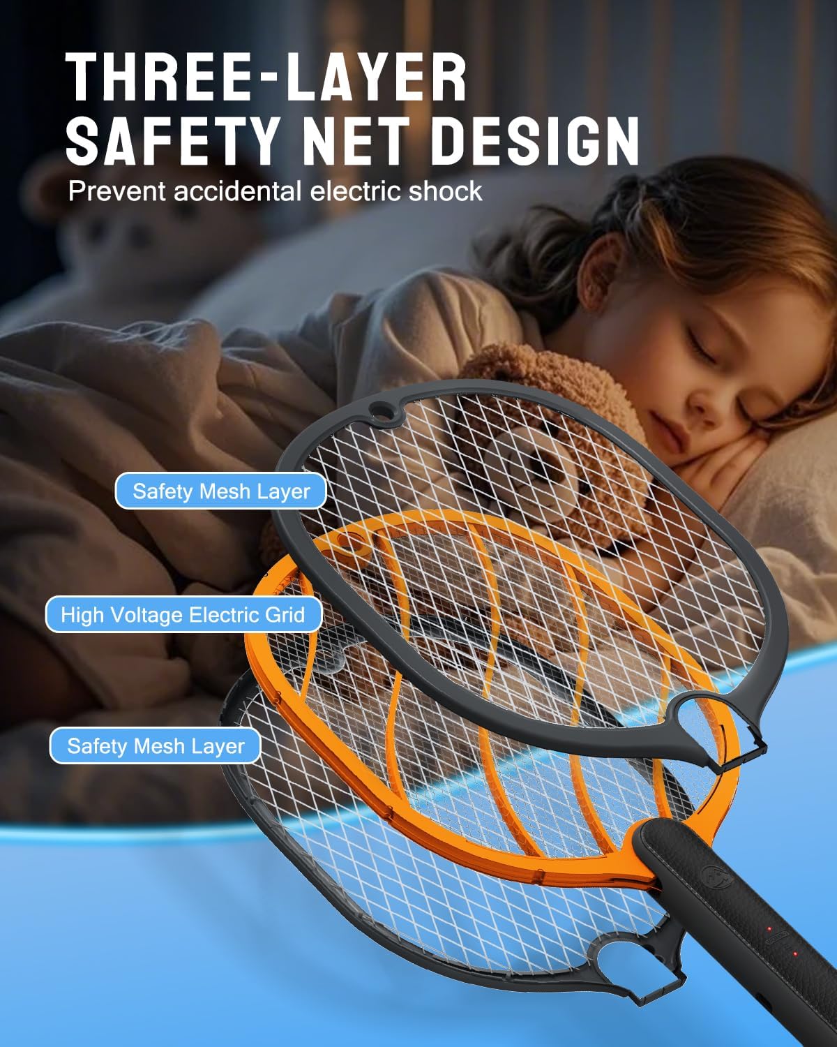 Electric Fly Swatter, 3800V Bug Zapper Racket, Rechargeable 1200mAh Mosquito Killer 3-Layer Safety Mesh Lightweight