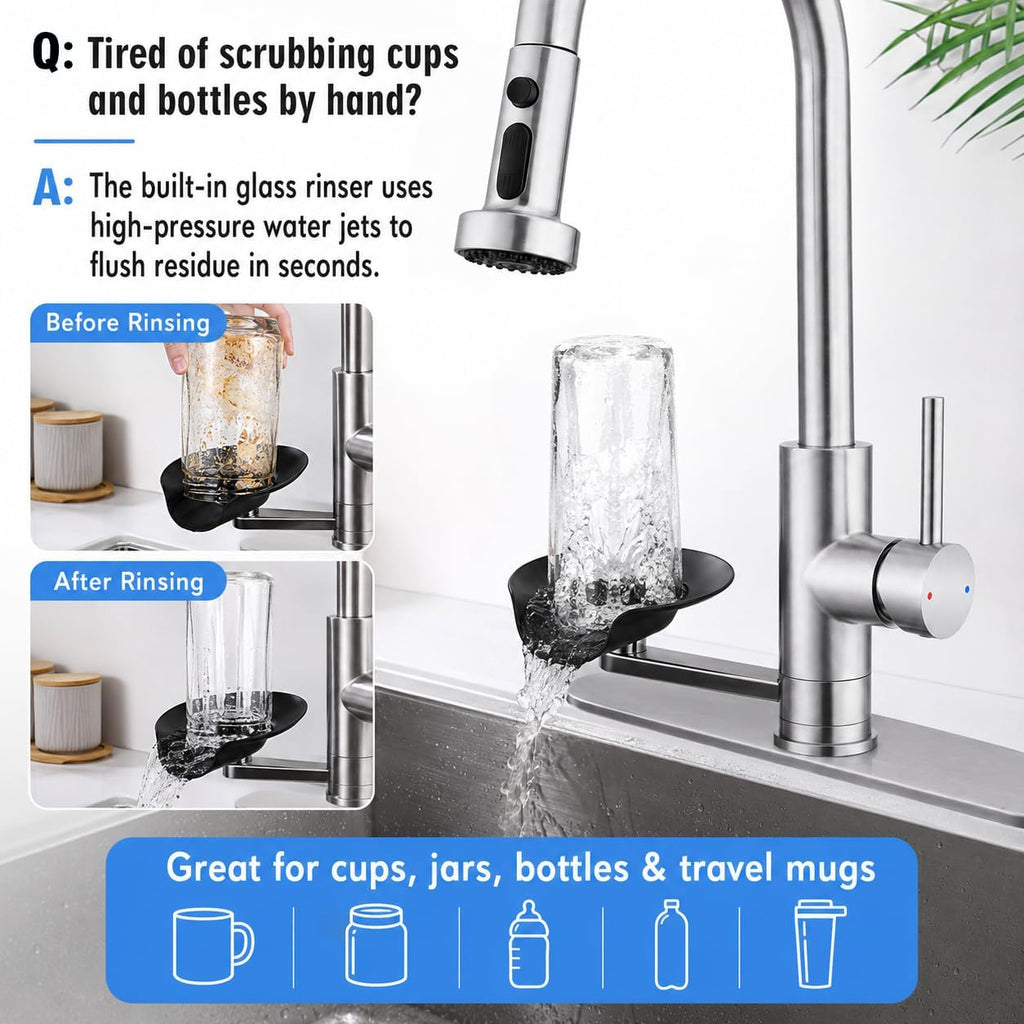 Pull Down Kitchen Faucet with Glass Rinser, 3 Spray Modes, Brushed Nickel