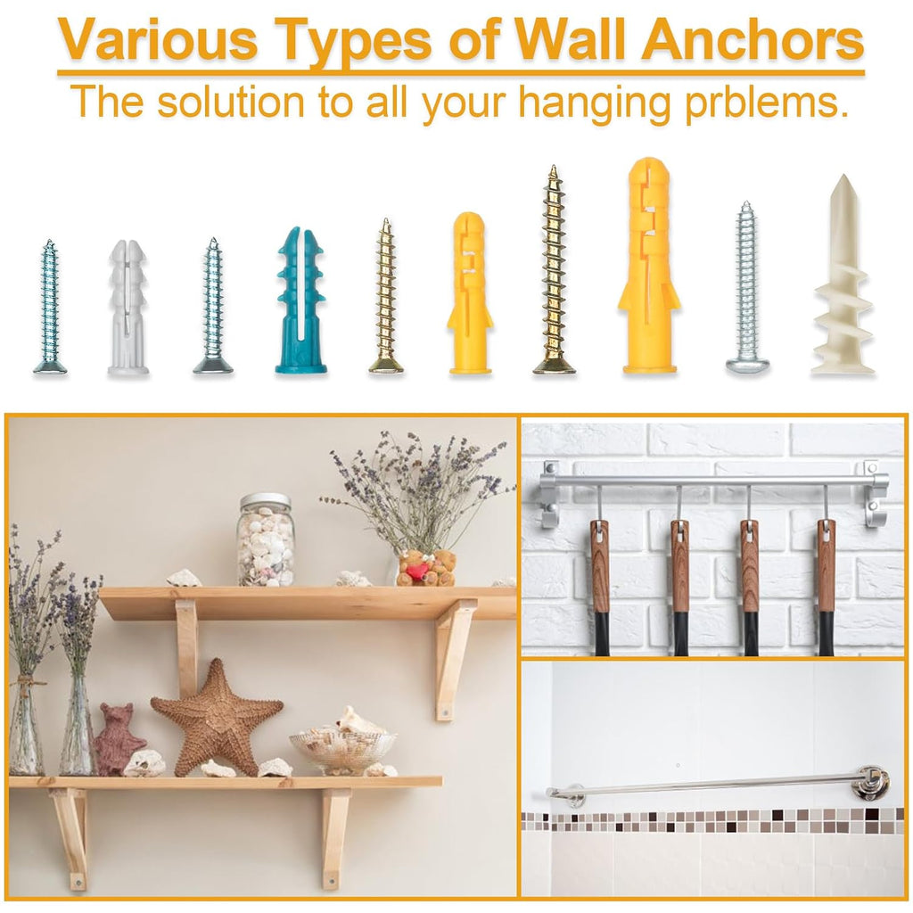 Drywall Anchors Assortment Kit for Sheetrock Concrete Brick, 350Pcs Wall Anchors and Flat Head Screws, 5 Sizes
