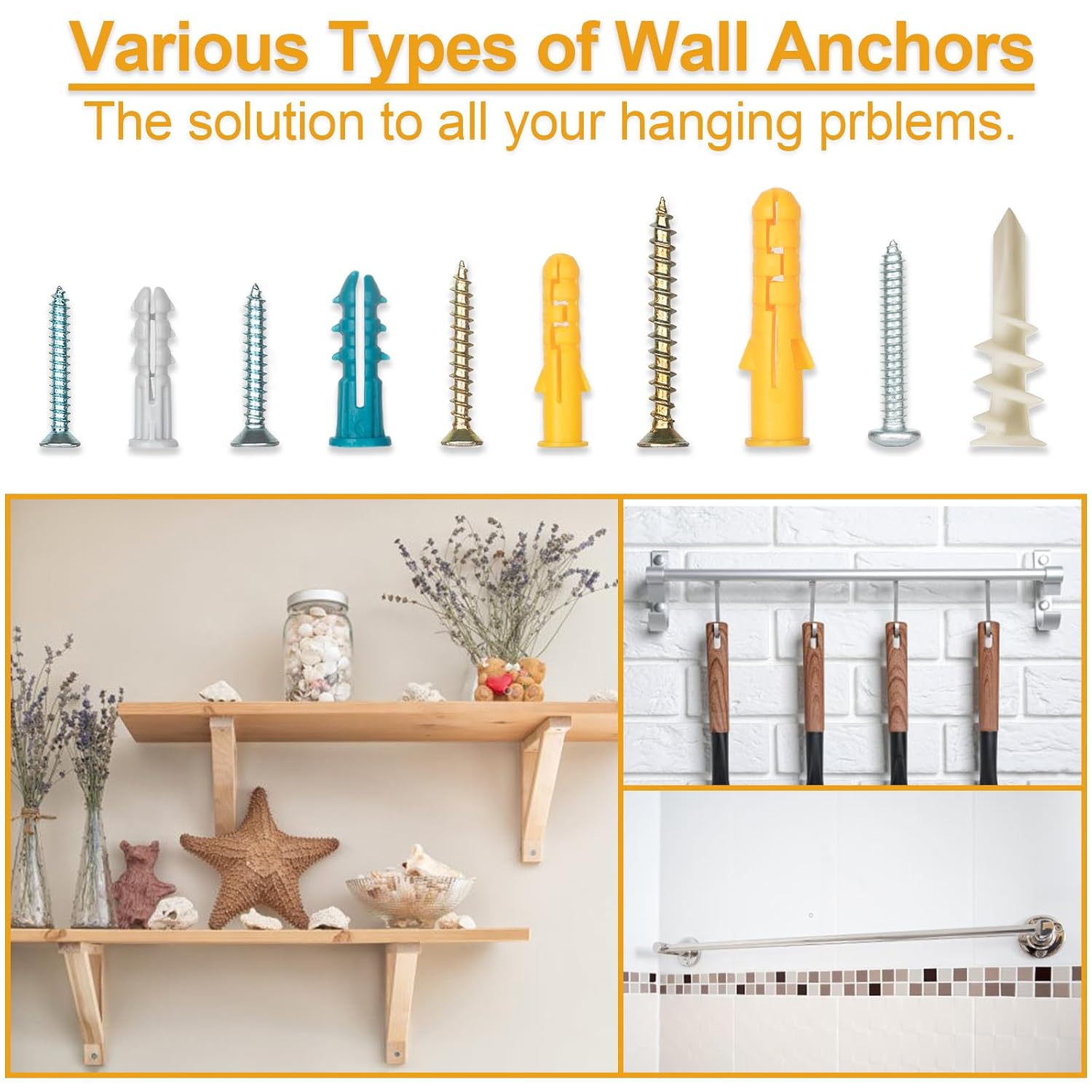 Drywall Anchors Assortment Kit for Sheetrock Concrete Brick, 350Pcs Wall Anchors and Flat Head Screws, 5 Sizes