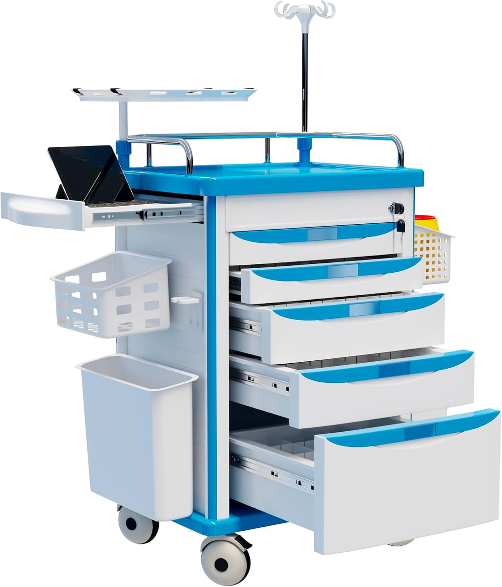 Medical Rolling Storage Crash Cart with Wheels, 5-Tier Medical Cart with Drawers, Adjustable IV Pole, Trash Bin & O2