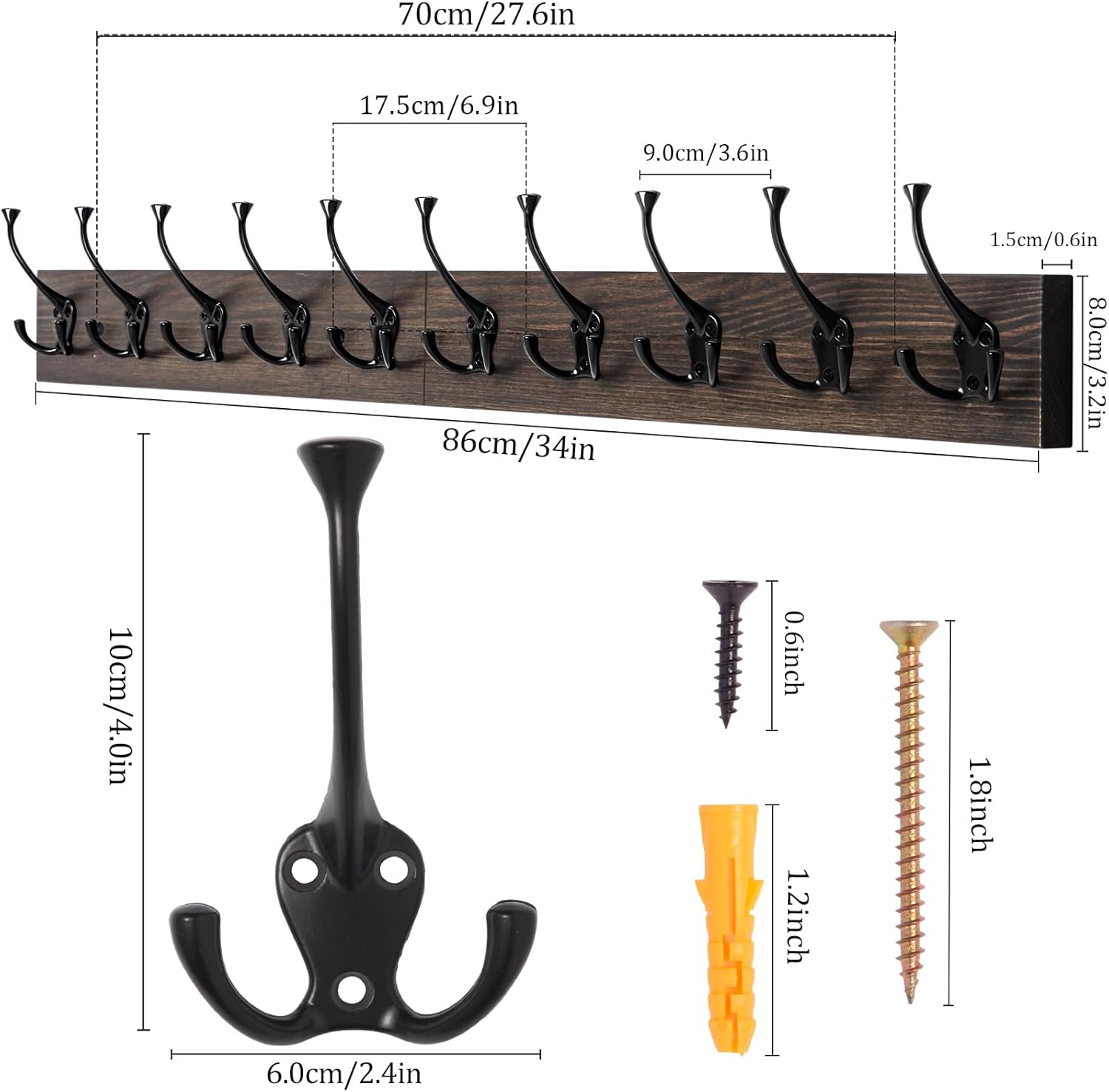 Wall Mounted Coat Rack with 10 Decorative Hooks, 34'' Long, Old Wood Color Coat Hanger, Rustic Coat Hooks Rail for
