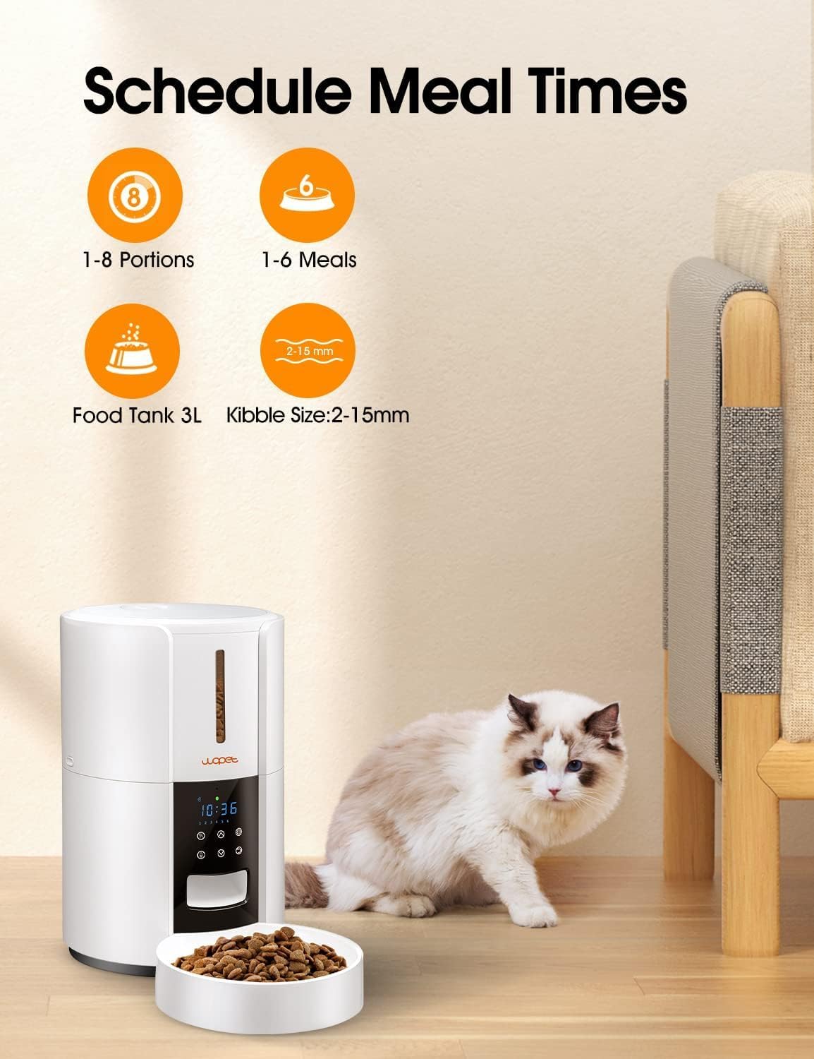 Automatic Cat Feeder, 3L Pet Dry Food Dispenser, Timed Portion Control with 6 Meals, Voice Recorder, Battery Backup
