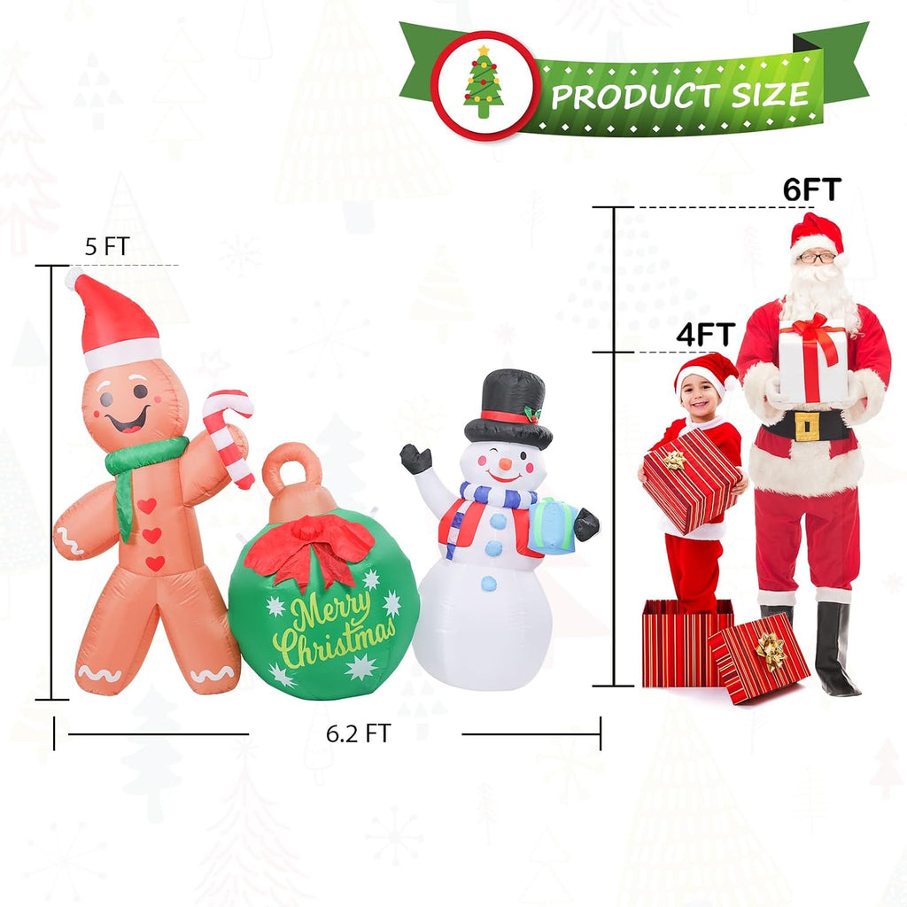 6.2 FT Christmas Inflatable Outdoor Gingerbread Man with Snowman | Built-in Bright LED Light, Christmas Blow