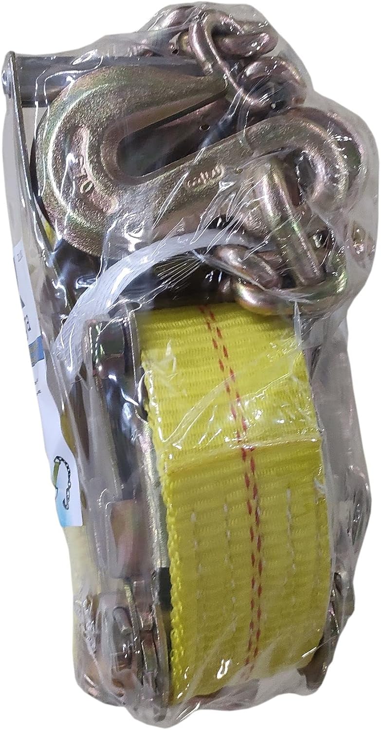 11-181 2in. x 27ft. Heavy Duty 10,000 LBS Capacity Ratchet Tie Down with Hook and Chain, Yellow
