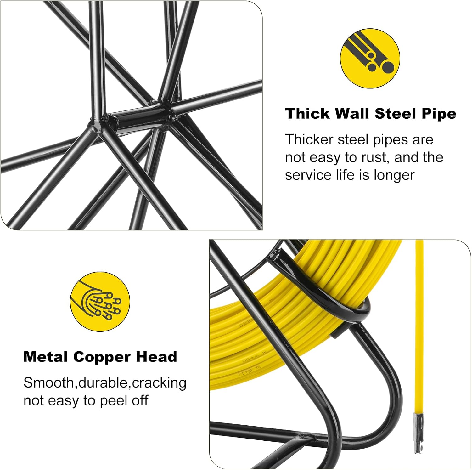 Fish Tape Fiberglass, 656ft (6mm x 200m) Duct Rodder Fish Tape Wire Puller with Steel Reel Stand, Heavy Duty Duct