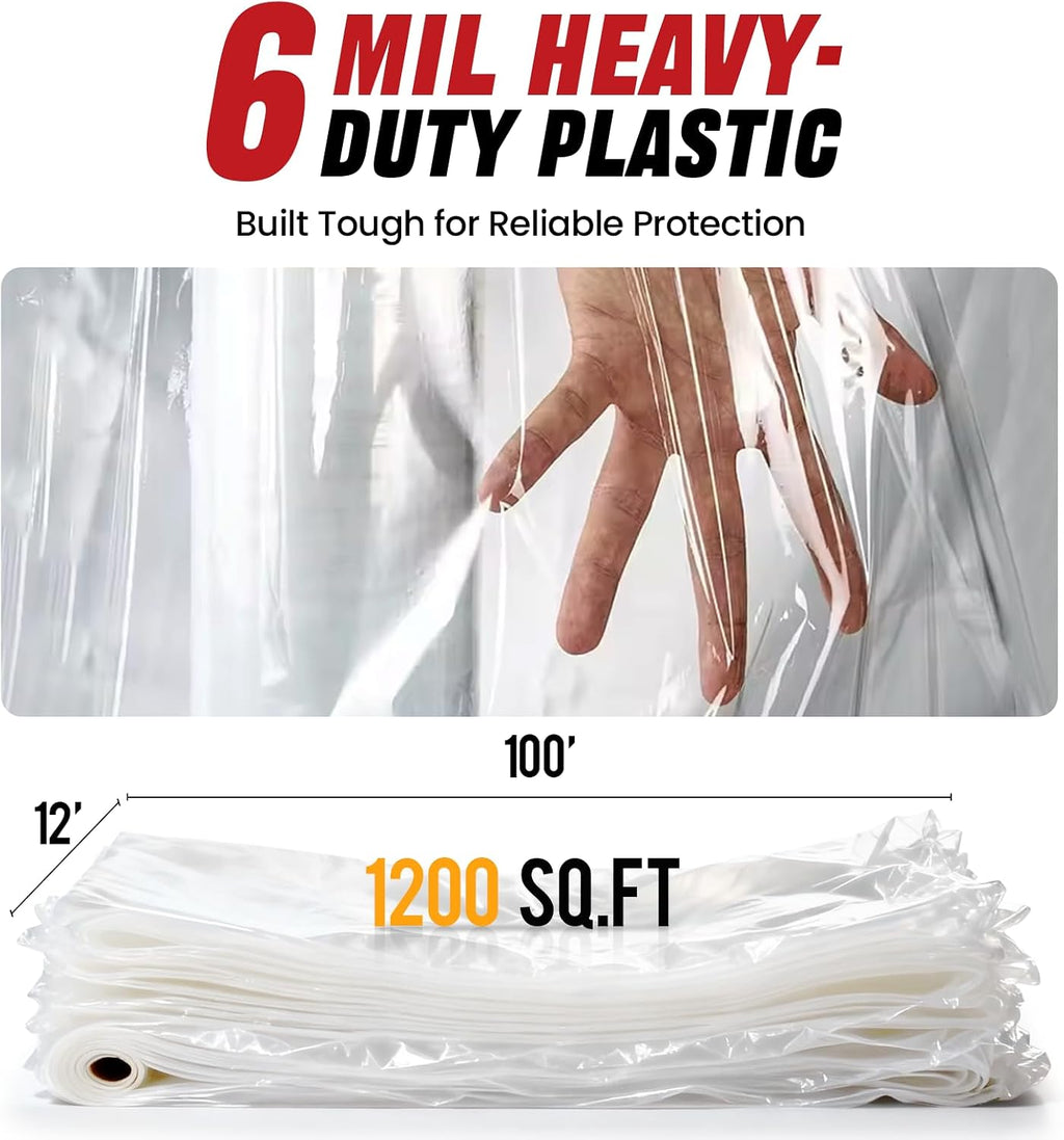 12' x 100' 6 Mil Heavy Duty Clear Plastic Sheeting, UV Resistant Tear-Proof for Greenhouse, Construction, Painting
