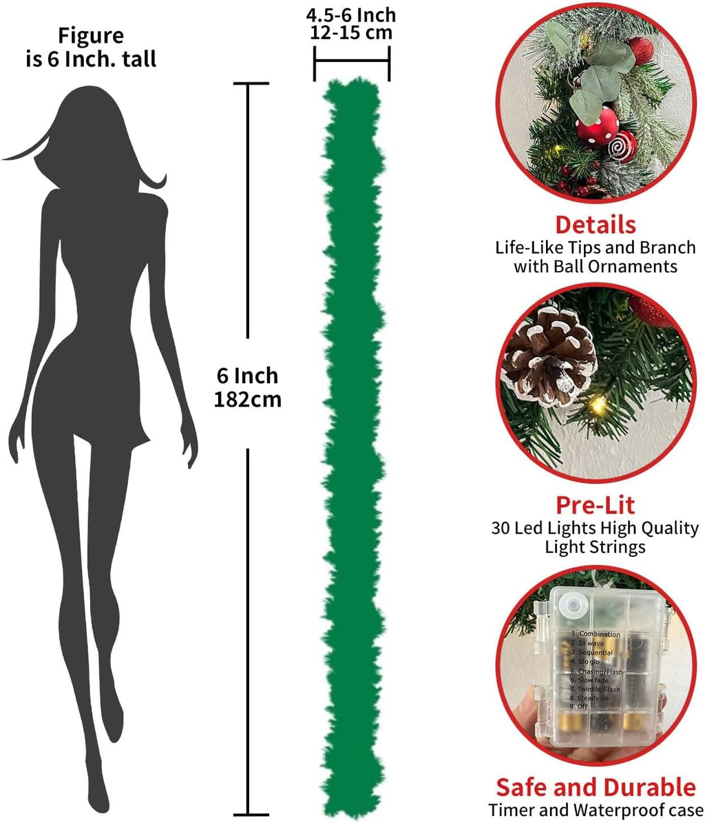 Pre-Lit 6 Feet/ 72 Inch Christmas Garland with Lights for Front Door Red White Christmas Mantel Garland Decoration