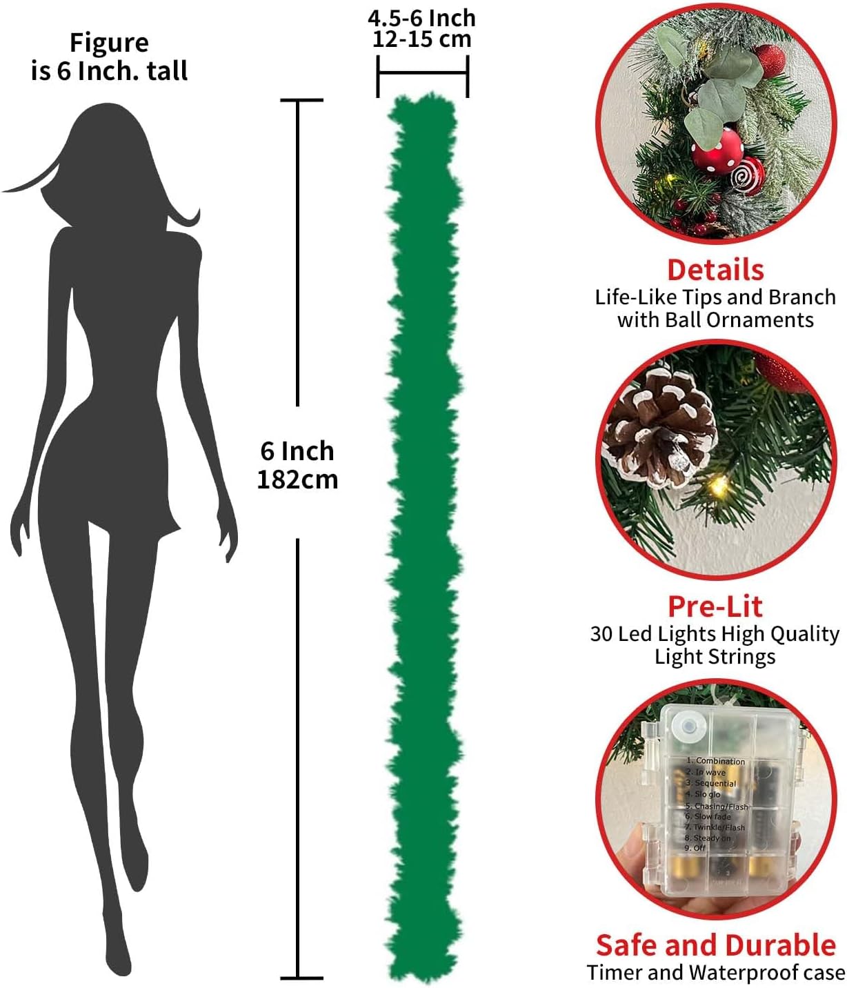 Pre-Lit 6 Feet/ 72 Inch Christmas Garland with Lights for Front Door Red White Christmas Mantel Garland Decoration
