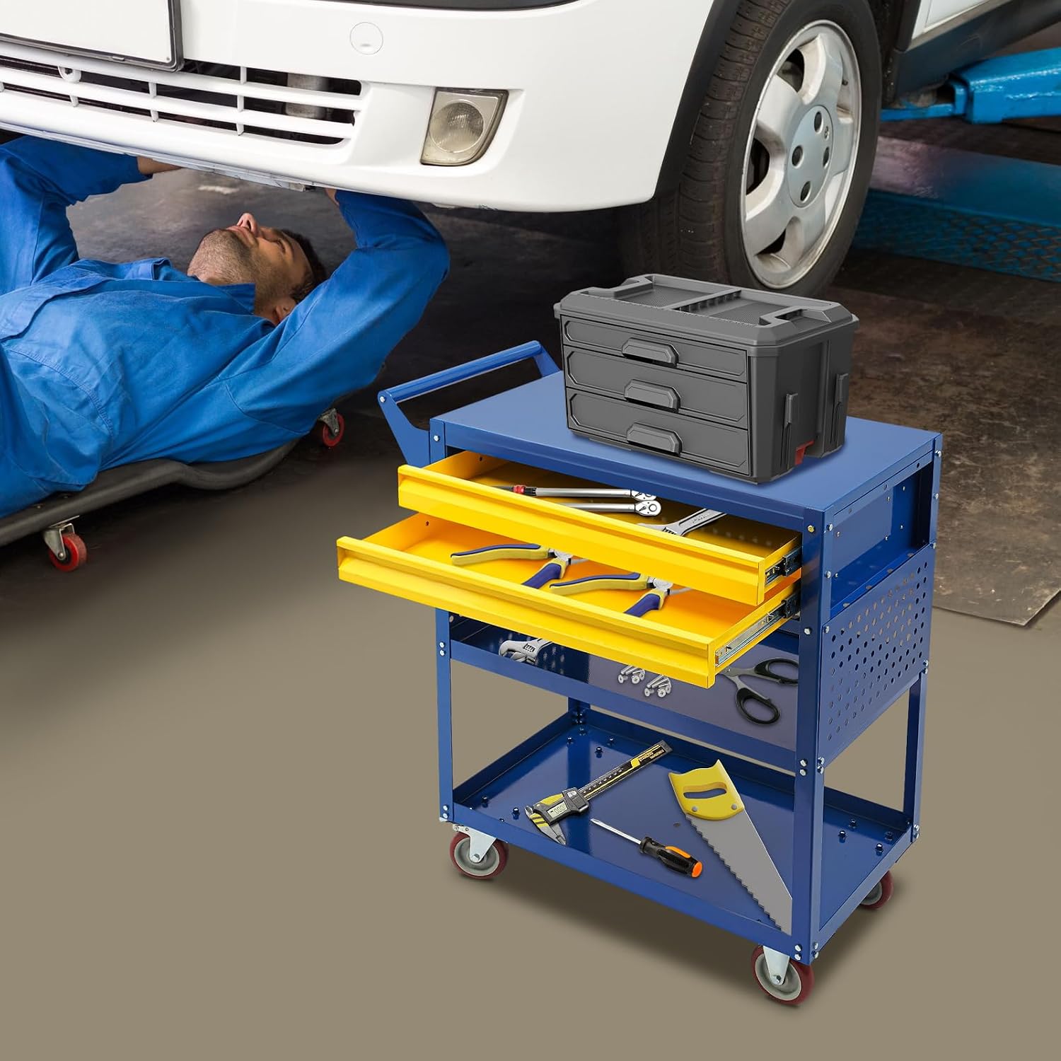 5 Tray Rolling Tool Cart with Drawers, 400 LBS Capacity with 2 Drawers | Mechanic Tool Cart on Wheels, Heavy Duty