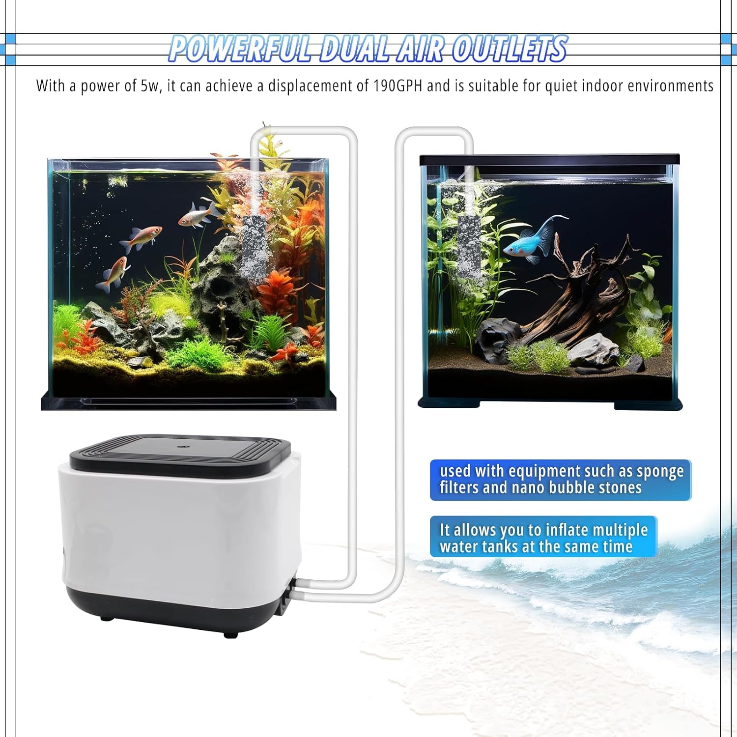 Aquarium Air Pump for Large Fish Tanks up to 300/600 Gallons Dual Outlet 5W/10W,190/260GPH Adjustable Aerator with